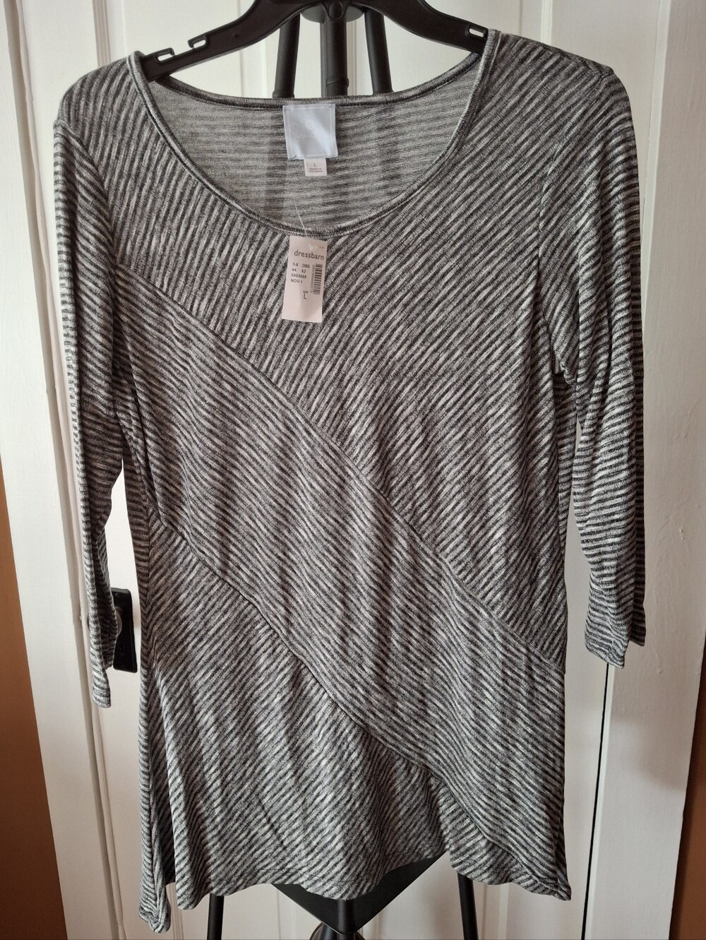 Dressbarn Gray Striped Top 3/4 Sleeves
